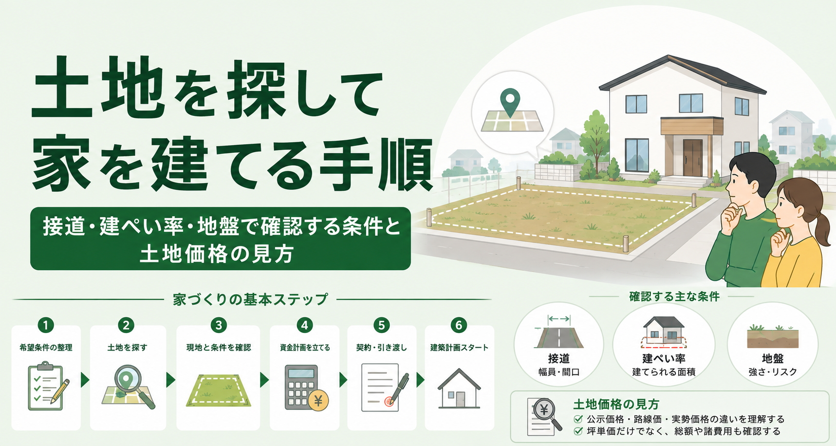 土地を探して家を建てる手順|接道・建ぺい率・地盤で確認する条件と土地価格の見方